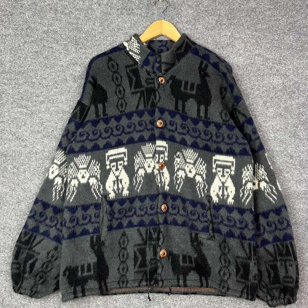 Vintage‎ Andes Alpaca Wool Hoodie Zip Up Sweater Jacket/Men's Size XL